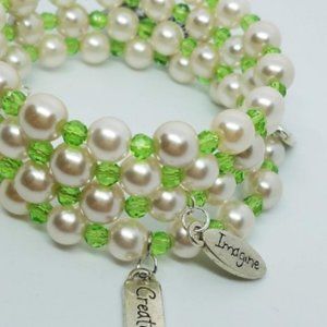 Green and White Pearl Wrap-Around Charm Bracelet